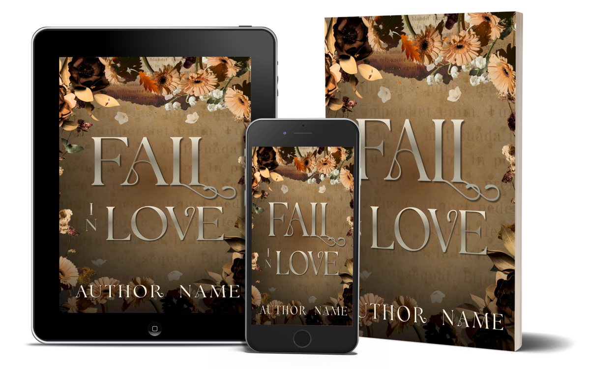 Fall in Love premade book cover shown on tablet, phone, and paperback, watermarked by Chapter 3 Creatives
