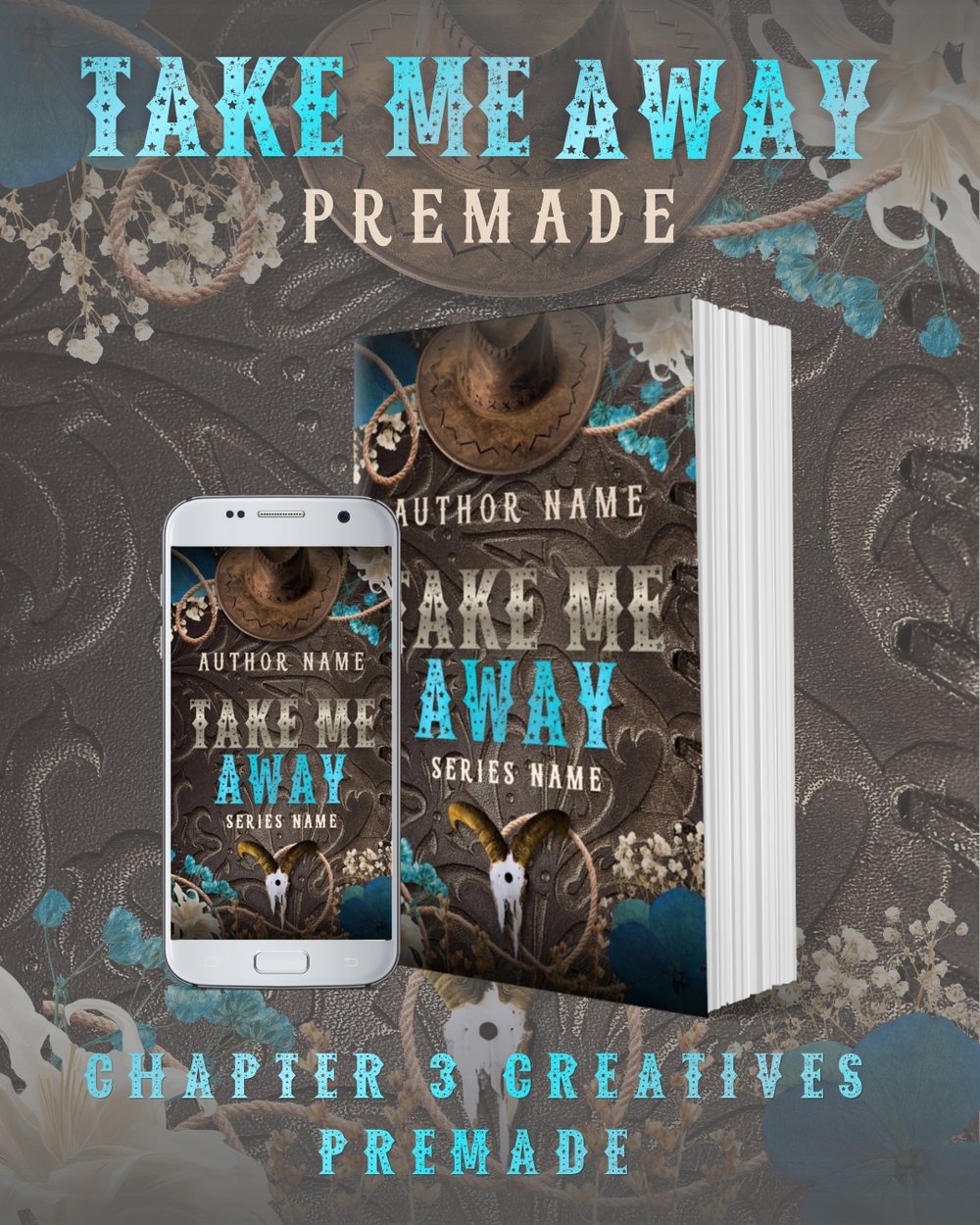 Take Me Away premade book cover shown on phone and paperback, watermarked by Chapter 3 Creatives