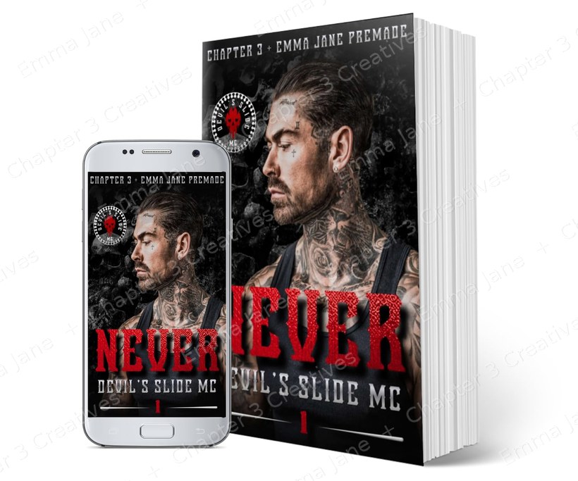 Never premade cover shown on phone and paperback