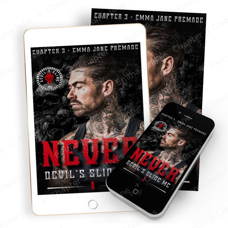 Never premade cover shown on tablet, phone, and paperback