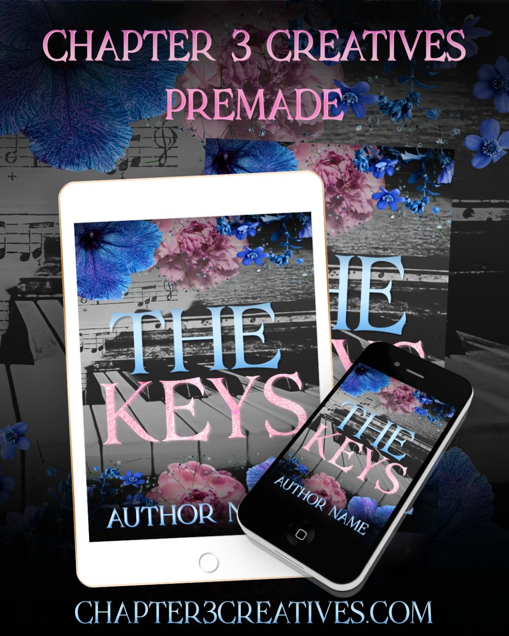 The Keys premade book cover shown on tablet and phone, watermarked by Chapter 3 Creatives