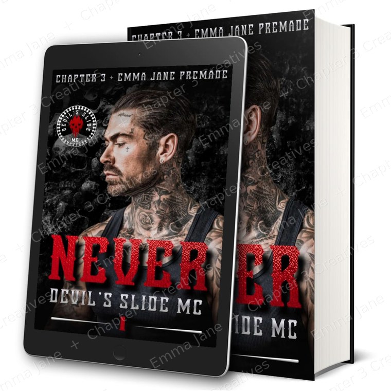 Never premade cover shown on tablet and hardback