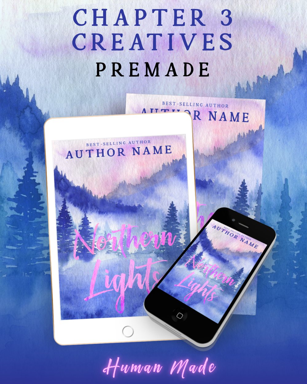 Northern Lights premade book cover shown on tablet, phone, and paperback, watermarked by Chapter 3 Creatives