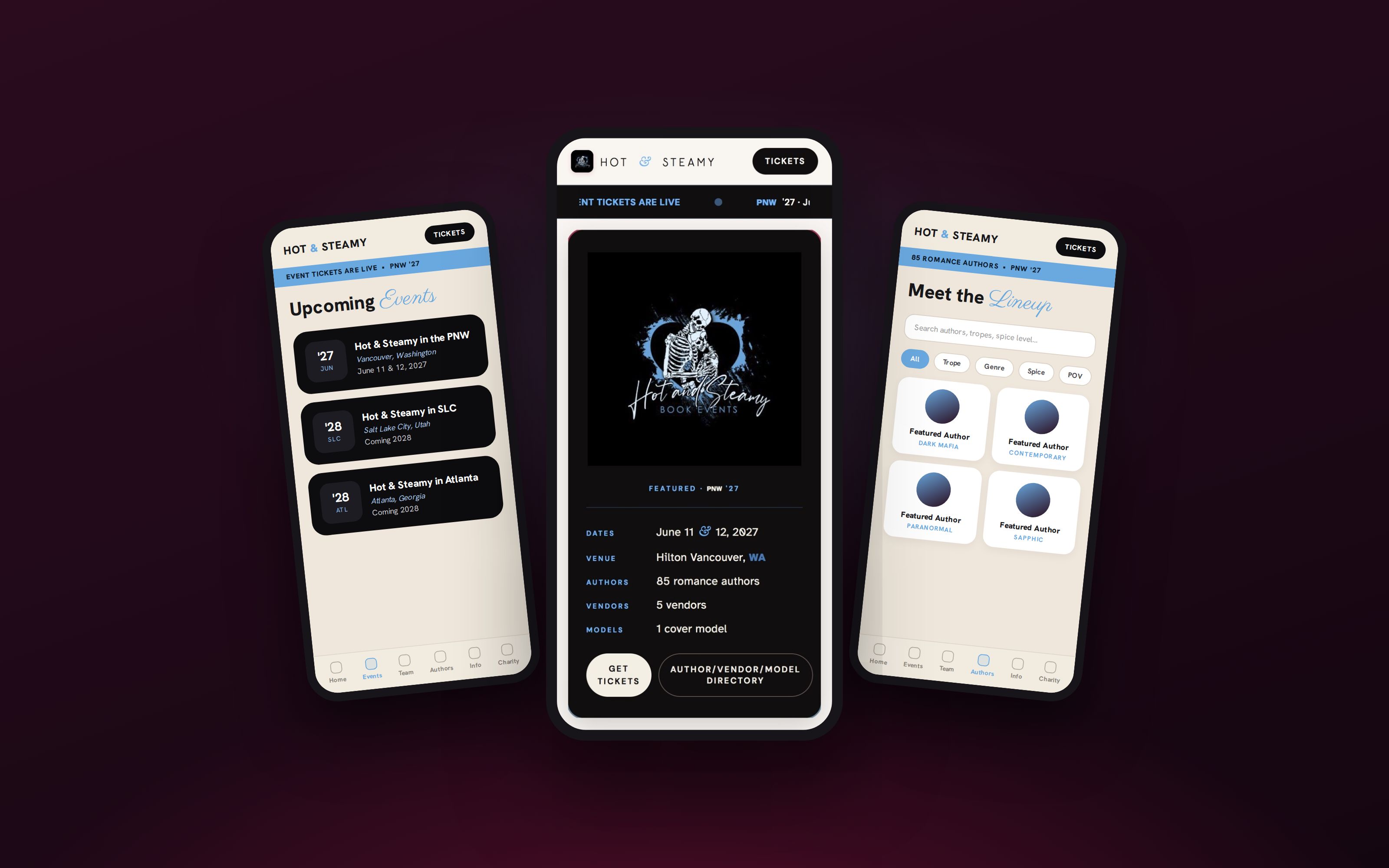 Hot and Steamy Book Events site preview, designed by Chapter 3 Creatives