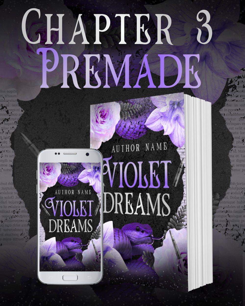 Violet Dreams premade book cover shown on phone and paperback, watermarked by Chapter 3 Creatives