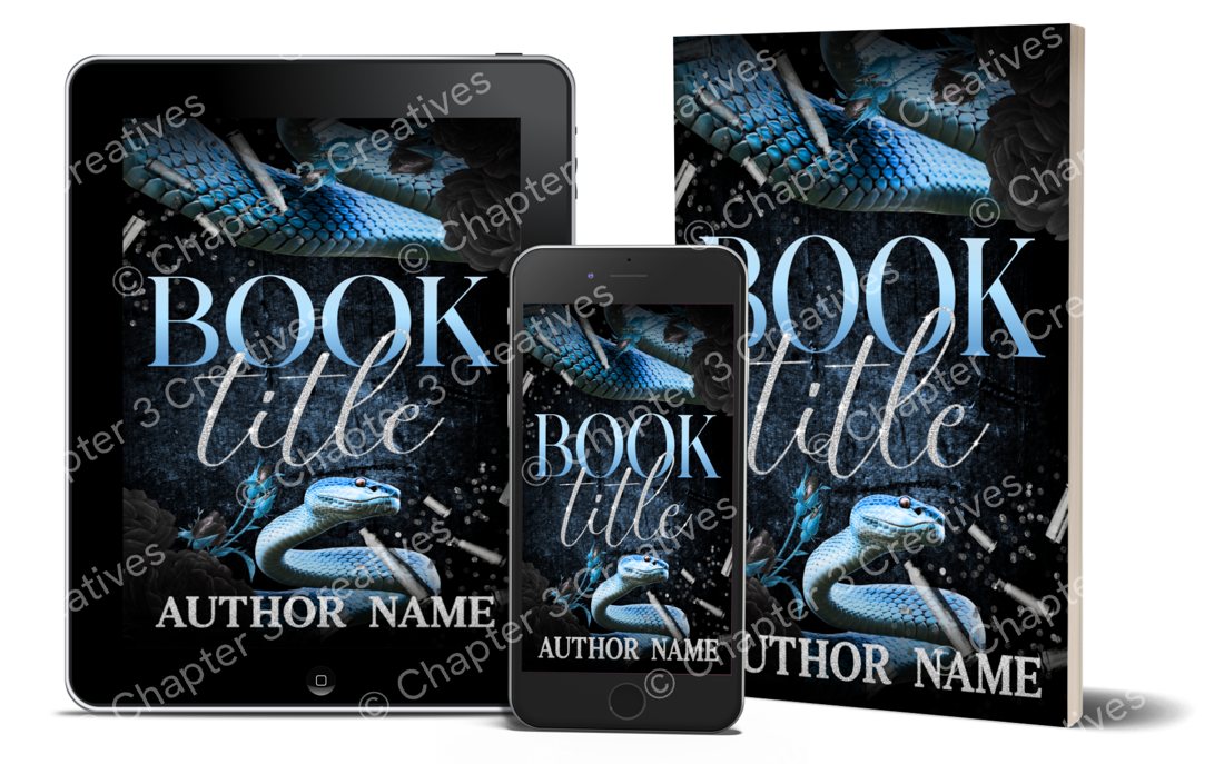 Premade blue serpent book cover, watermarked by Chapter 3 Creatives