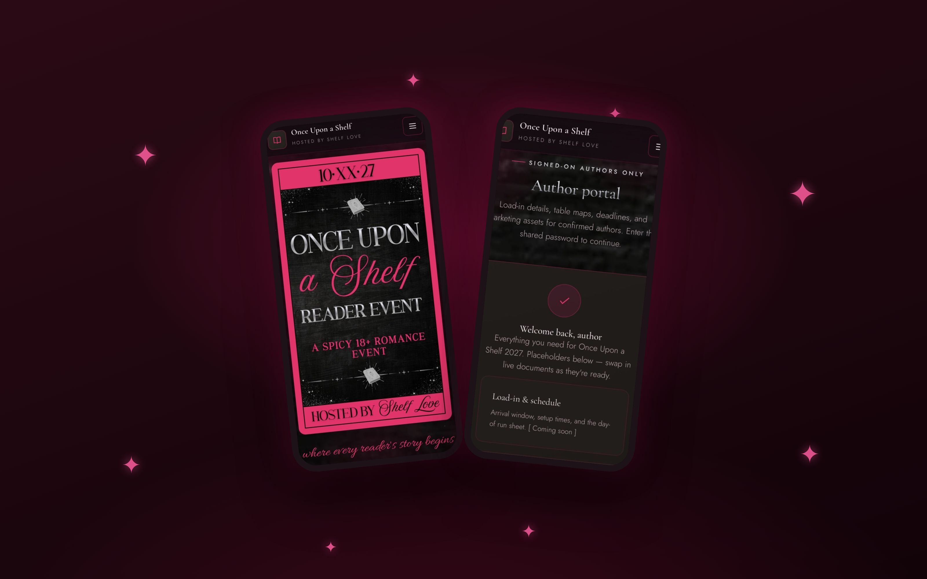 Once Upon a Shelf Reader Event site preview, designed by Chapter 3 Creatives