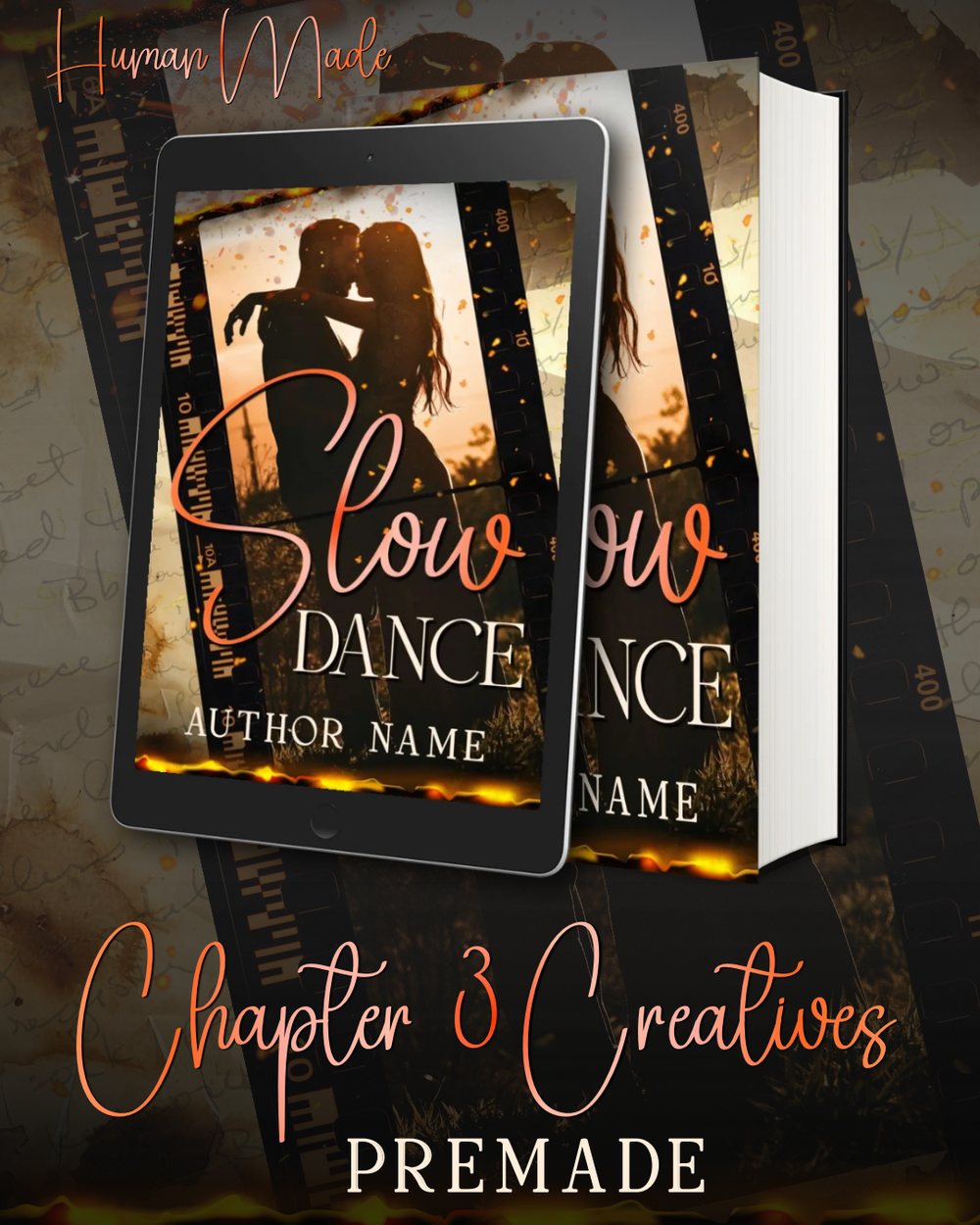 Slow Dance premade book cover shown on tablet and paperback, watermarked by Chapter 3 Creatives